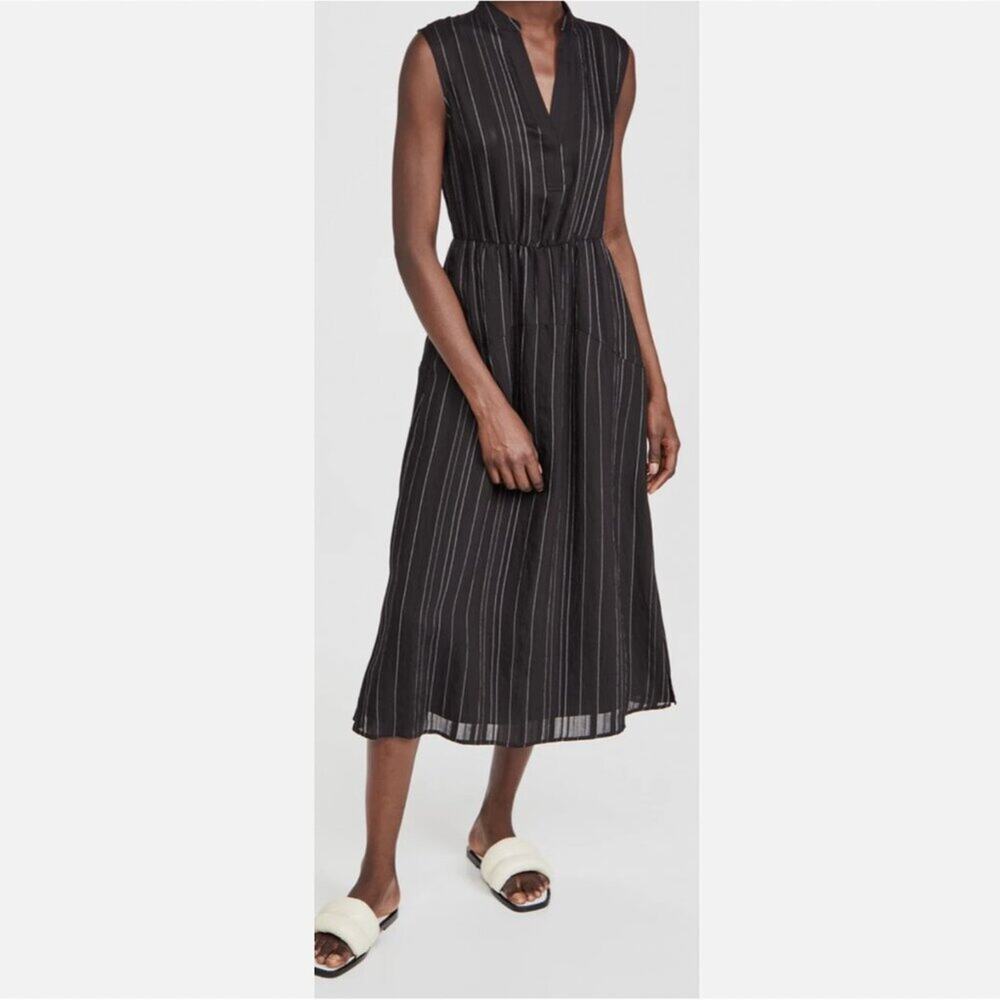 Vince Black Drapey Striped Tiered Sleeveless Midi Dress